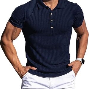 URRU Mens Muscle Shirts Stretch Short Sleeve Workout Tee Slim Fit Polo L Navy